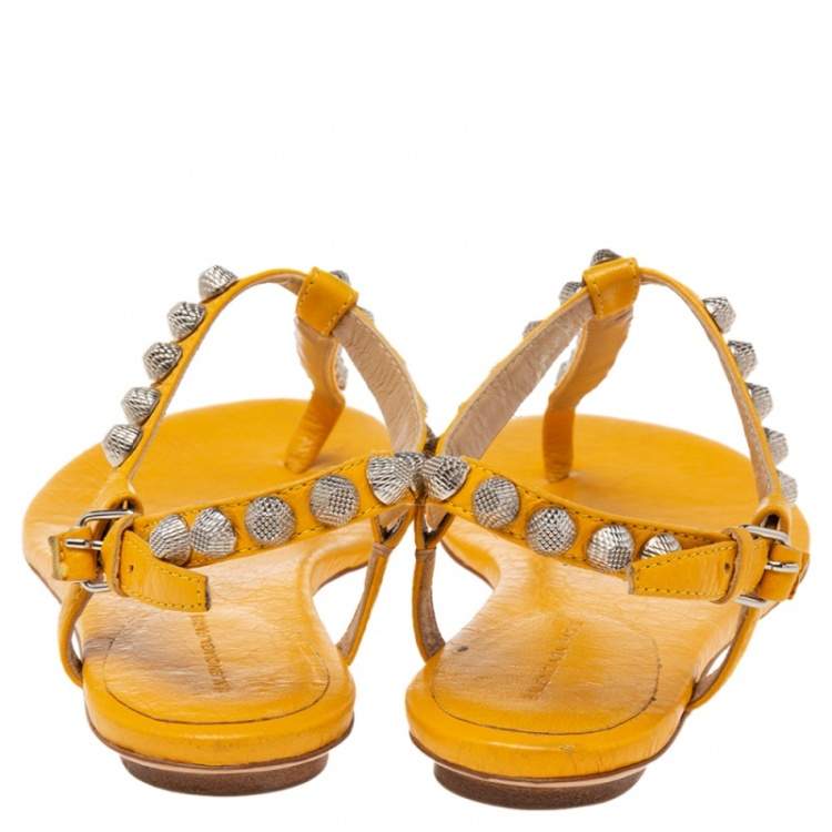Pre Owned Balenciaga Yellow Leather Studded Arena Thong Flats Size 37
