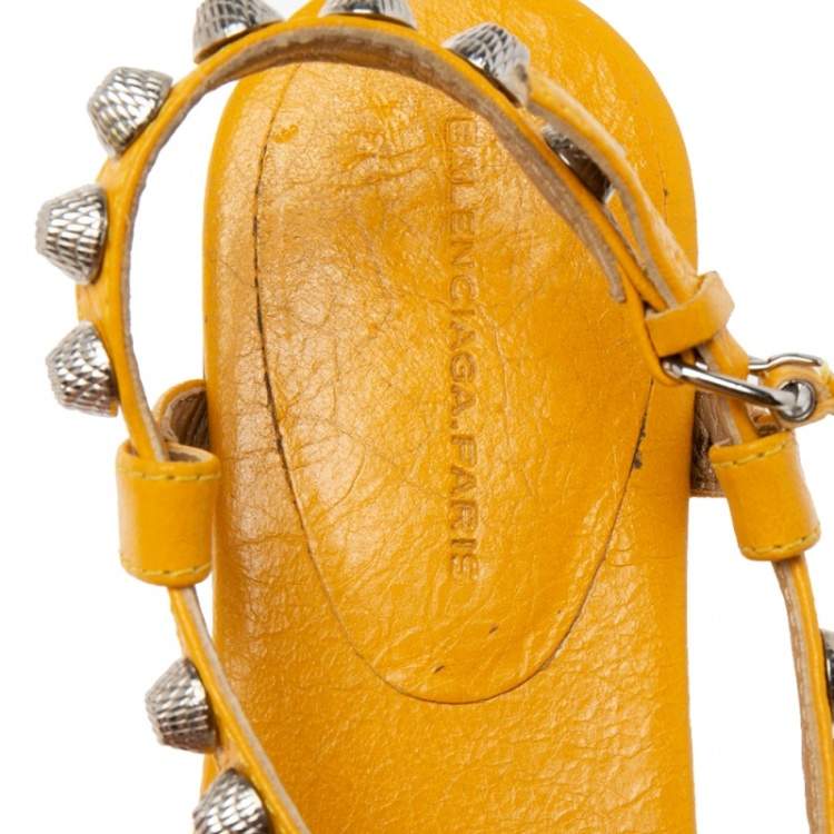Pre Owned Balenciaga Yellow Leather Studded Arena Thong Flats Size 37