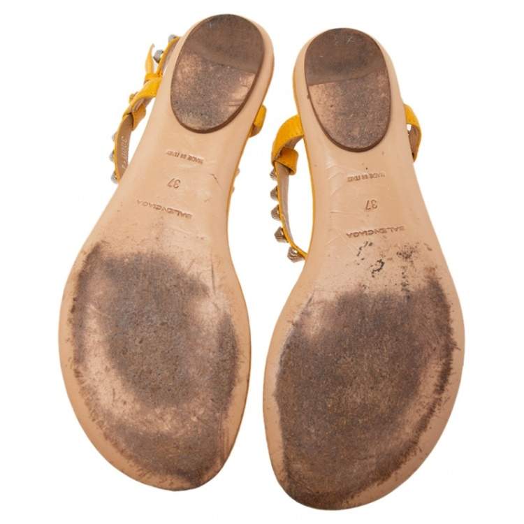 Pre Owned Balenciaga Yellow Leather Studded Arena Thong Flats Size 37