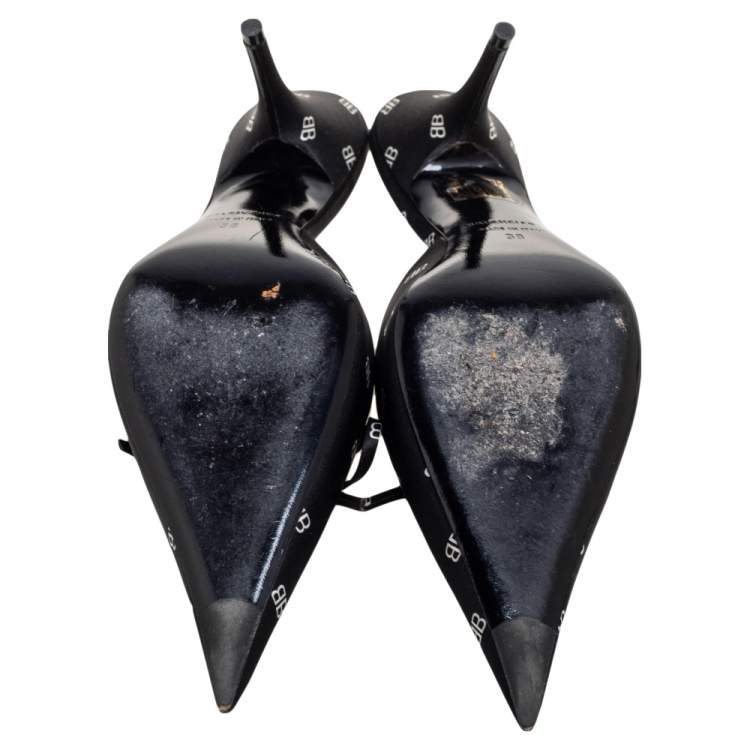 Pre Owned Balenciaga Black Satin BB Logo Knife Mules Size 38