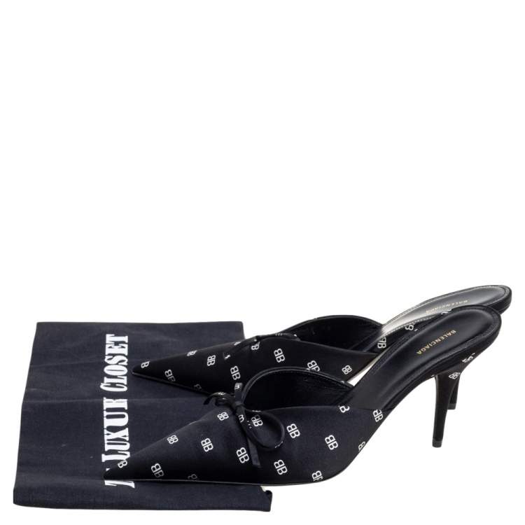 Pre Owned Balenciaga Black Satin BB Logo Knife Mules Size 38
