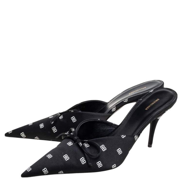 Pre Owned Balenciaga Black Satin BB Logo Knife Mules Size 38
