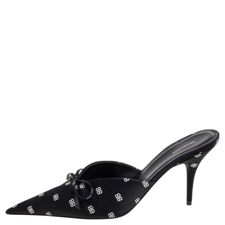 Pre Owned Balenciaga Black Satin BB Logo Knife Mules Size 38