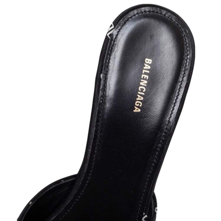 Pre Owned Balenciaga Black Satin BB Logo Knife Mules Size 38