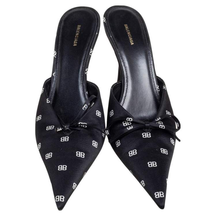 Pre Owned Balenciaga Black Satin BB Logo Knife Mules Size 38