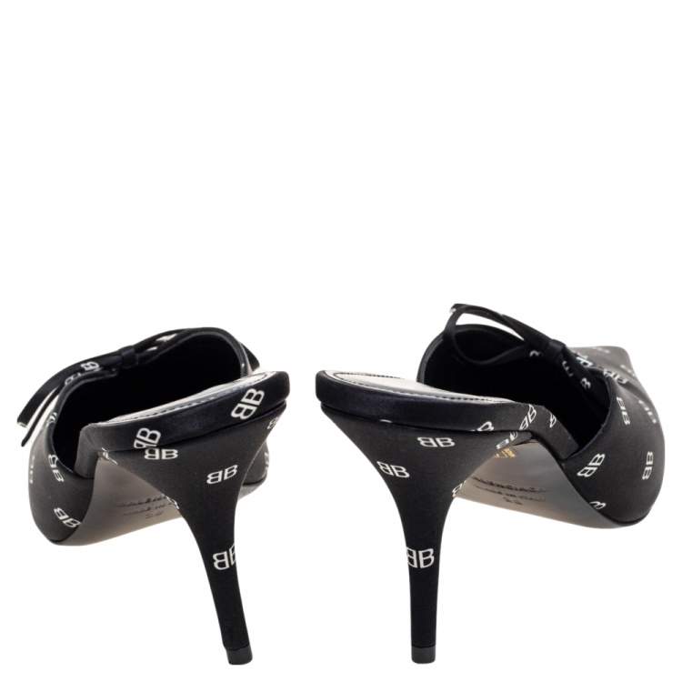 Pre Owned Balenciaga Black Satin BB Logo Knife Mules Size 38