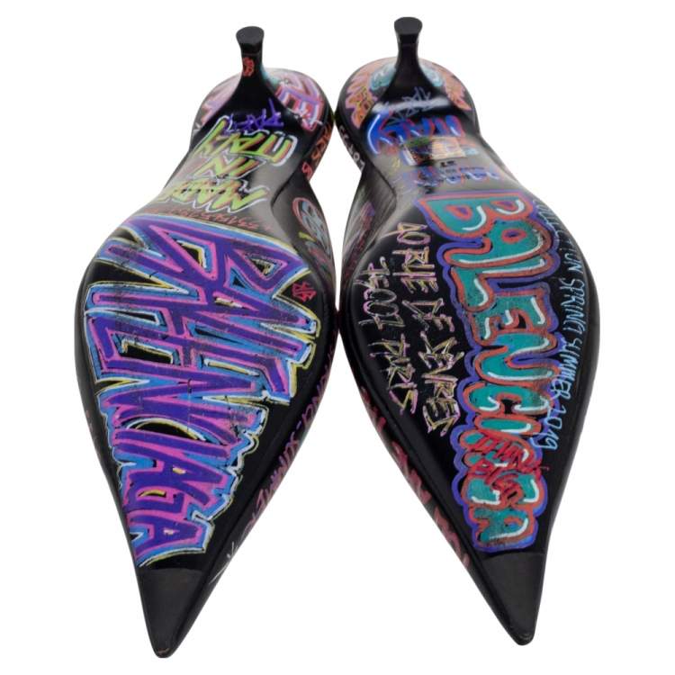 Pre Owned Balenciaga Black Graffiti Leather Knife Pointed Toe Mules Size 37