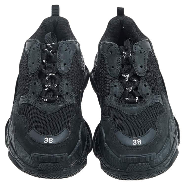Pre Owned Balenciaga Black Leather And Mesh Triple S Low Top Sneakers Size 38