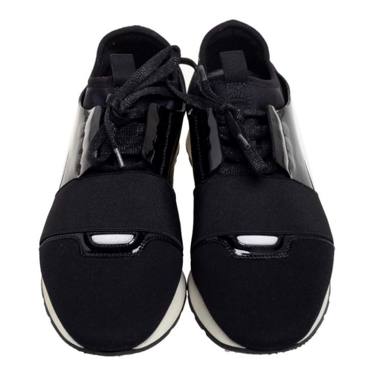 Pre Owned Balenciaga Black Patent Leather And Fabric Race Runner Sneakers Size 39
