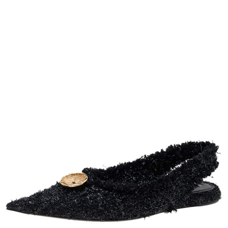 Pre Owned Balenciaga Black Tweed Slingback Flat Sandals Size 38
