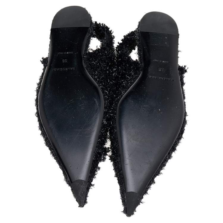 Pre Owned Balenciaga Black Tweed Slingback Flat Sandals Size 38