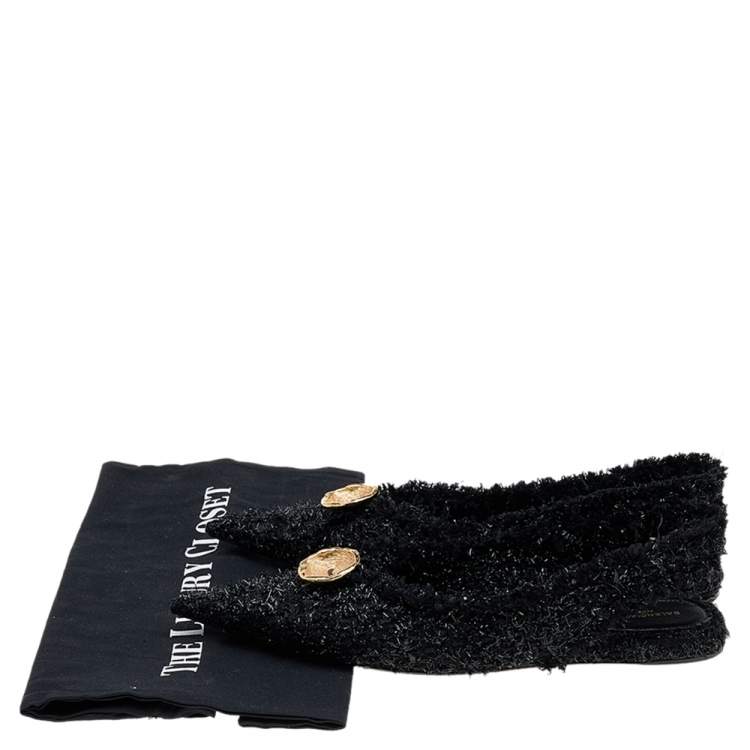 Pre Owned Balenciaga Black Tweed Slingback Flat Sandals Size 38