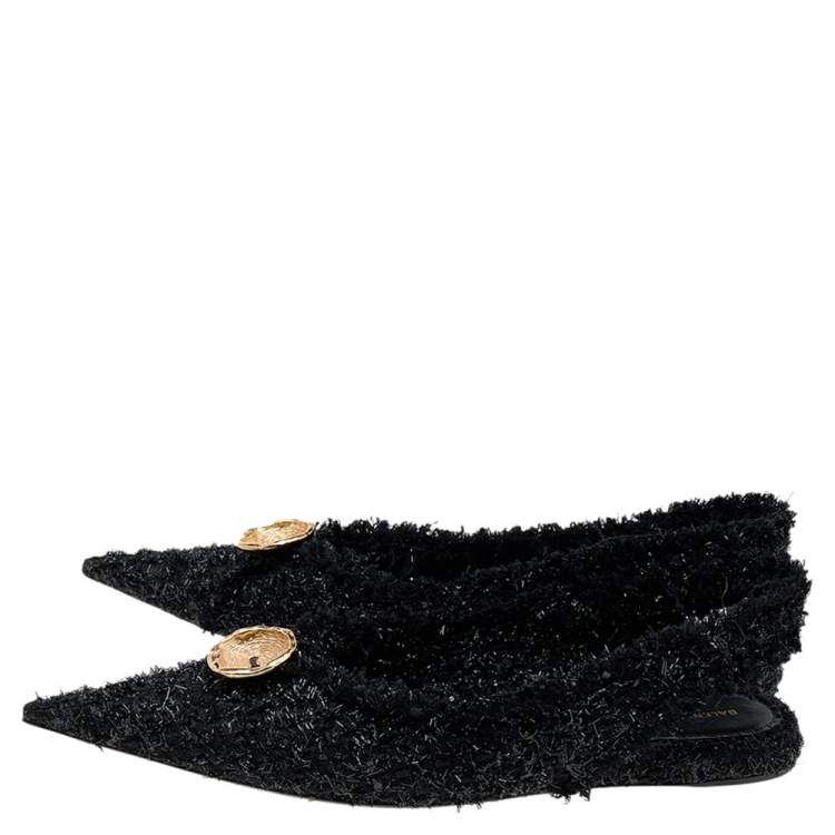 Pre Owned Balenciaga Black Tweed Slingback Flat Sandals Size 38