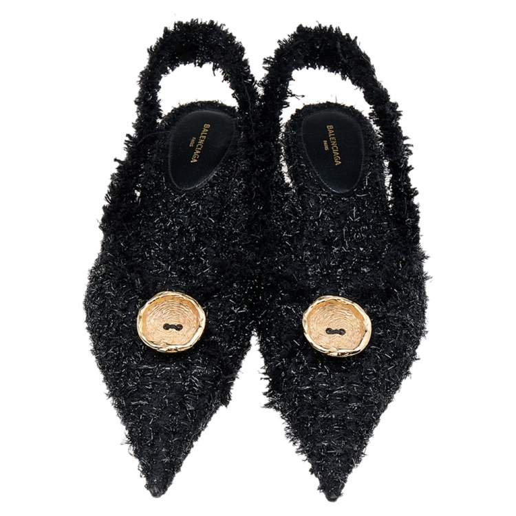 Pre Owned Balenciaga Black Tweed Slingback Flat Sandals Size 38