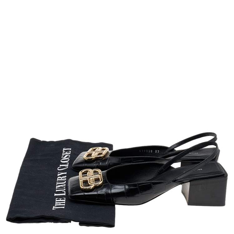 Pre Owned Balenciaga Black Leather BB Logo Square Toe Slingback Sandals Size 37