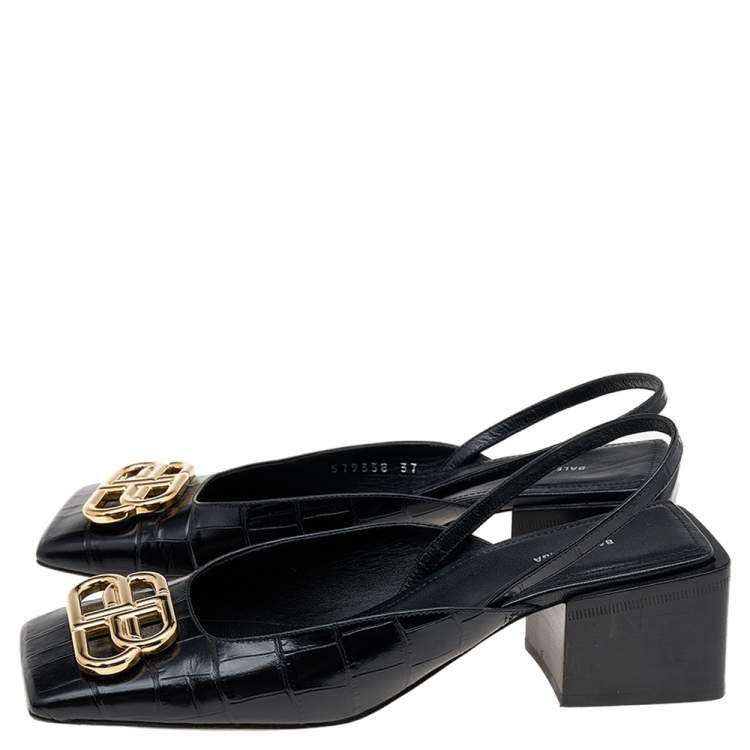 Pre Owned Balenciaga Black Leather BB Logo Square Toe Slingback Sandals Size 37