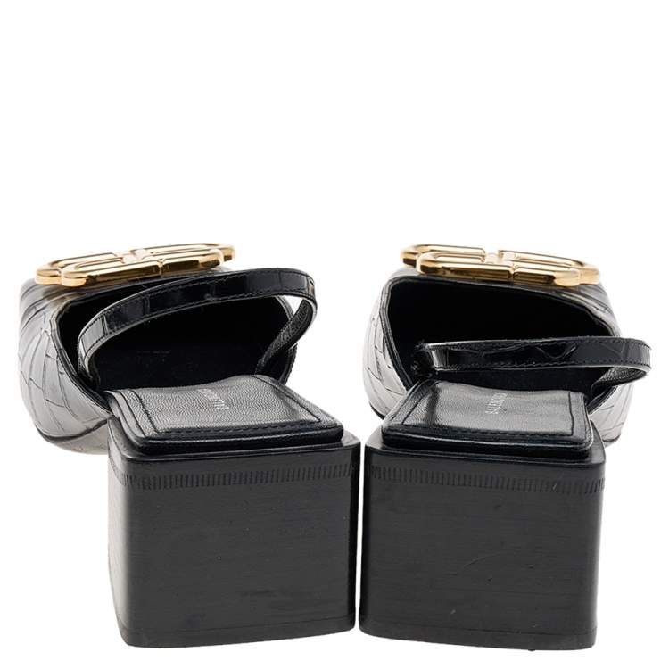 Pre Owned Balenciaga Black Leather BB Logo Square Toe Slingback Sandals Size 37