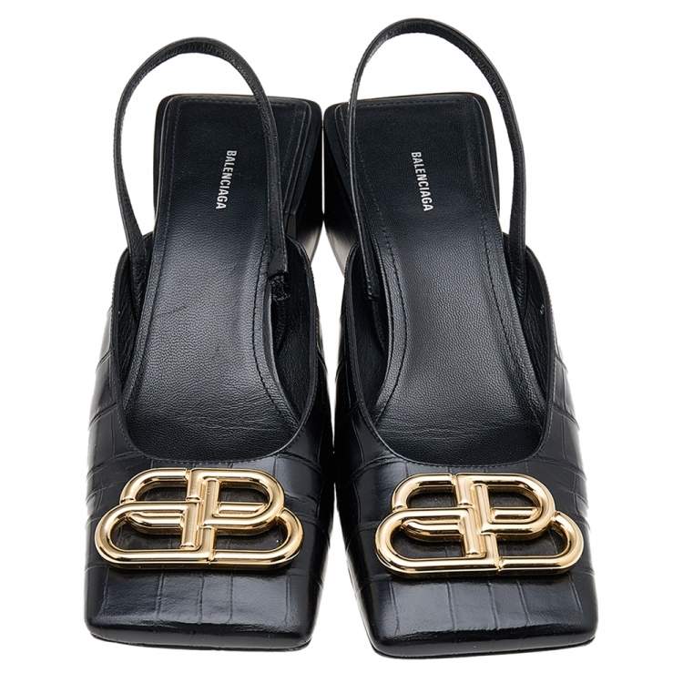 Pre Owned Balenciaga Black Leather BB Logo Square Toe Slingback Sandals Size 37