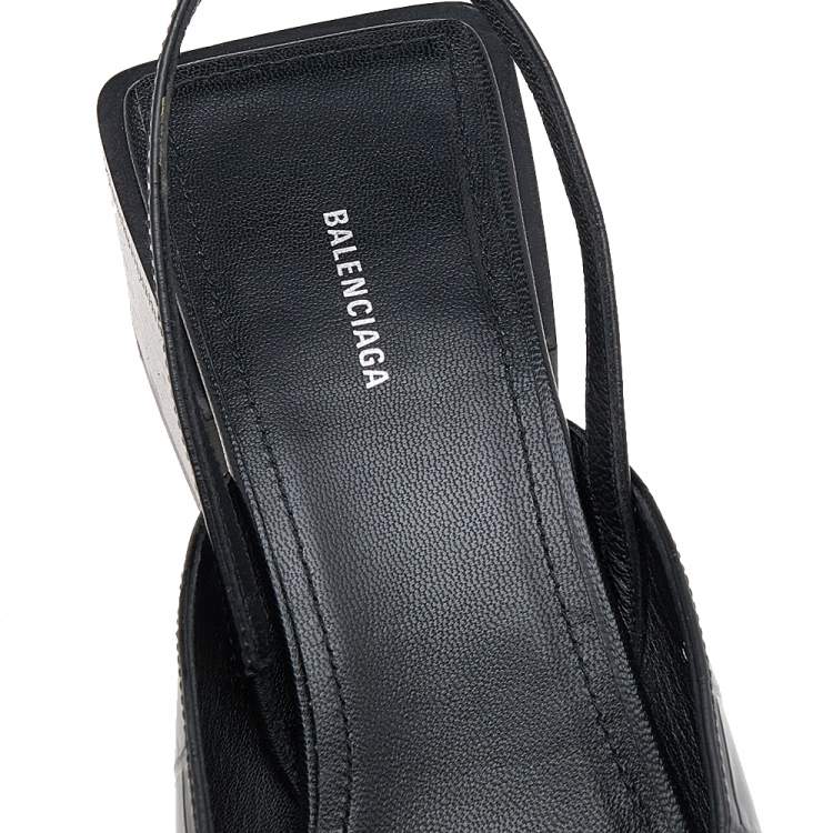 Pre Owned Balenciaga Black Leather BB Logo Square Toe Slingback Sandals Size 37