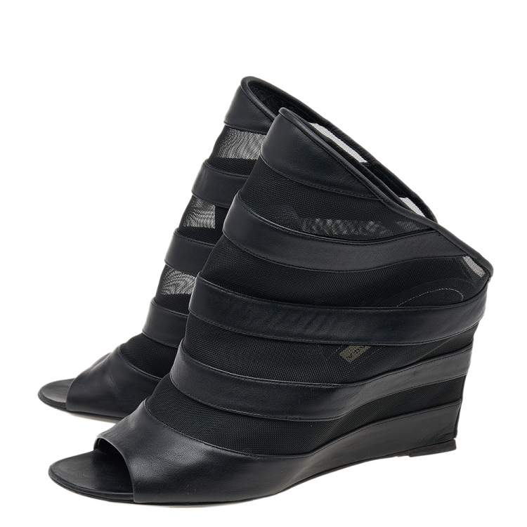 Pre Owned Balenciaga Black Leather and Mesh Prism Wedge Sandals Size 39