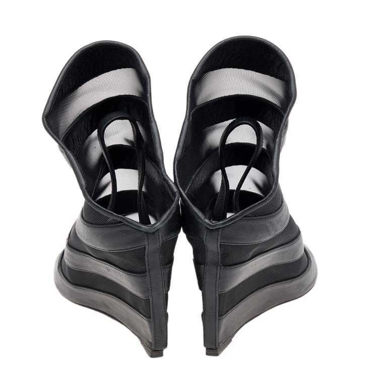 Pre Owned Balenciaga Black Leather and Mesh Prism Wedge Sandals Size 39