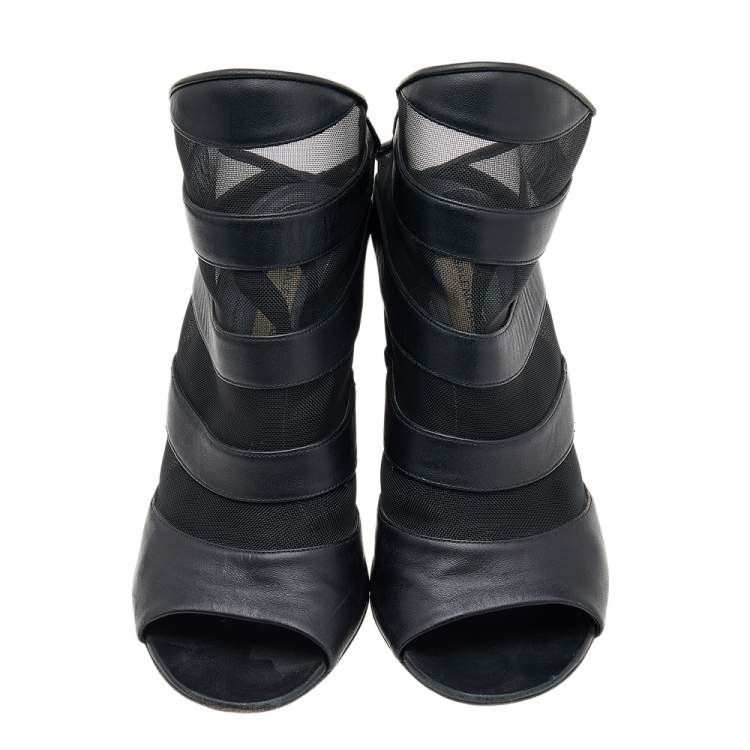 Pre Owned Balenciaga Black Leather and Mesh Prism Wedge Sandals Size 39