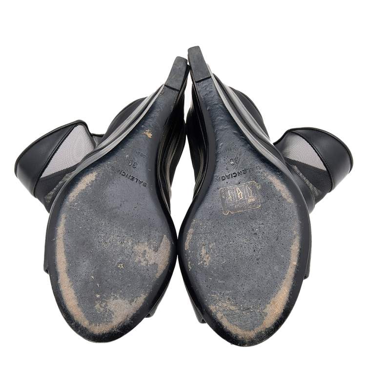 Pre Owned Balenciaga Black Leather and Mesh Prism Wedge Sandals Size 39