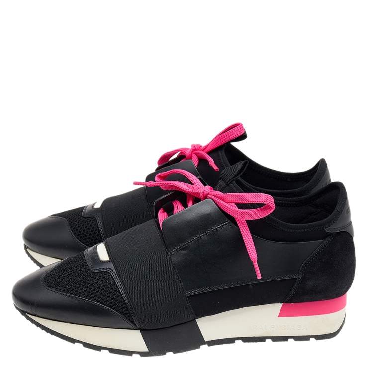 Pre Owned Balenciaga Black Leather and Mesh Race Runner Sneakers Size 37