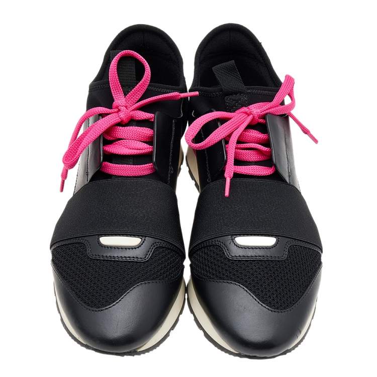 Pre Owned Balenciaga Black Leather and Mesh Race Runner Sneakers Size 37