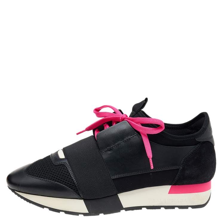 Pre Owned Balenciaga Black Leather and Mesh Race Runner Sneakers Size 37