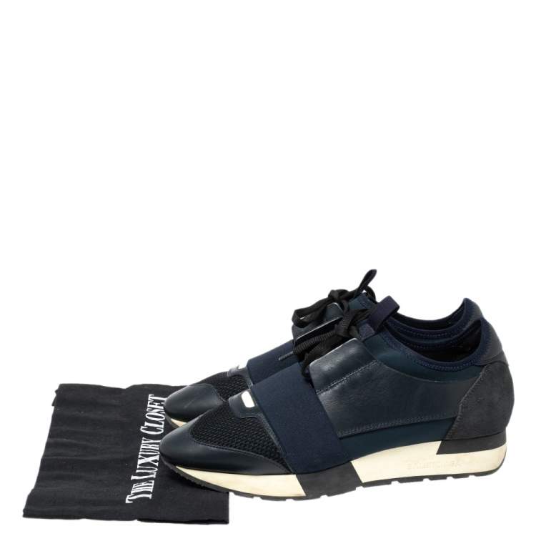 Pre Owned Balenciaga Navy Blue Leather Race Runner Low Top Sneakers Size 38