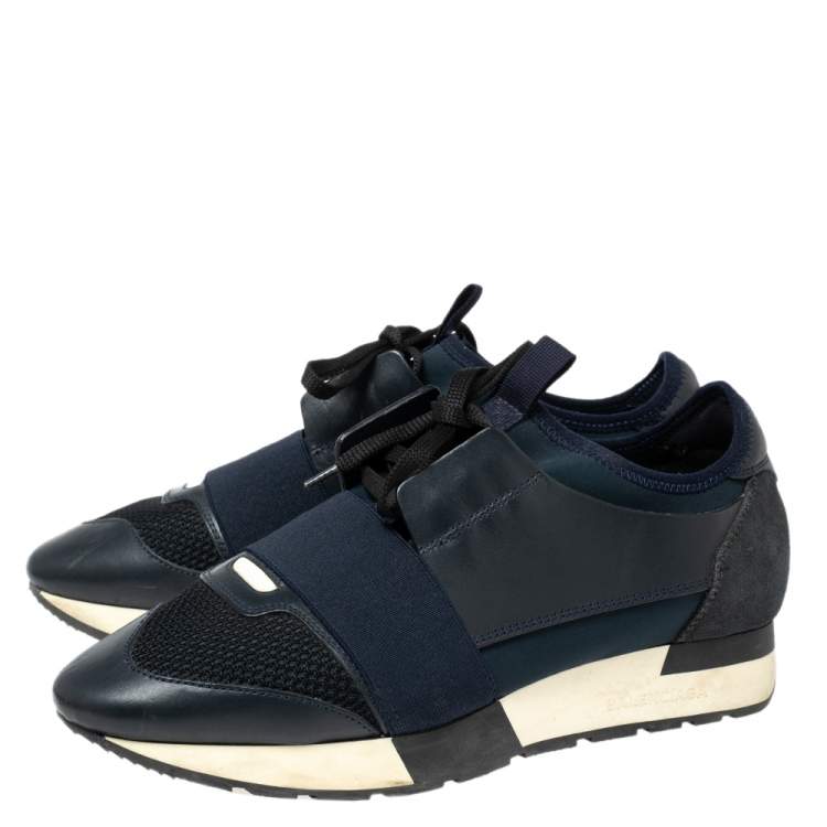Pre Owned Balenciaga Navy Blue Leather Race Runner Low Top Sneakers Size 38