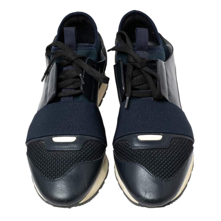 Pre Owned Balenciaga Navy Blue Leather Race Runner Low Top Sneakers Size 38