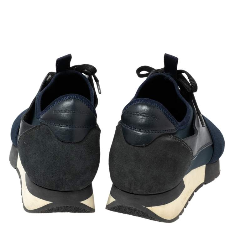 Pre Owned Balenciaga Navy Blue Leather Race Runner Low Top Sneakers Size 38