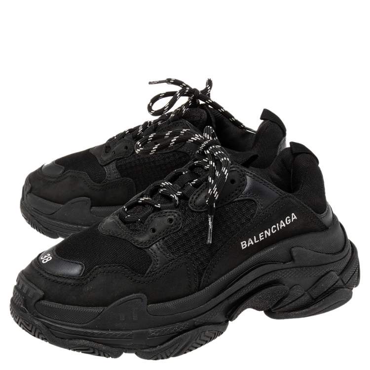 Pre Owned Balenciaga Black Mesh And Leather Triple S Low Top Sneakers Size 38