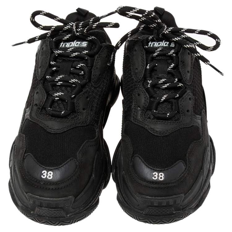 Pre Owned Balenciaga Black Mesh And Leather Triple S Low Top Sneakers Size 38