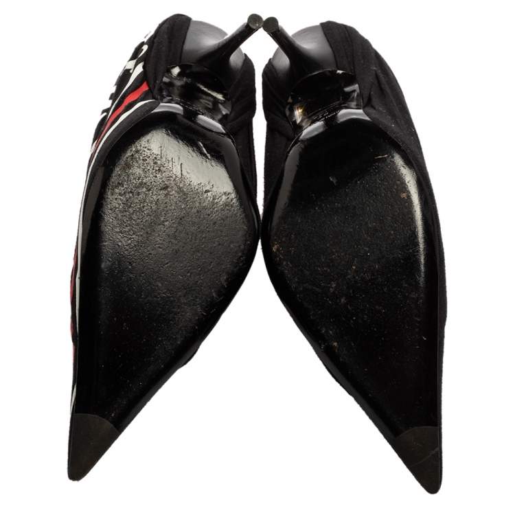 Pre Owned Balenciaga Black Fabric And Leather Knife Logo Pointed Toe Pumps Size 38