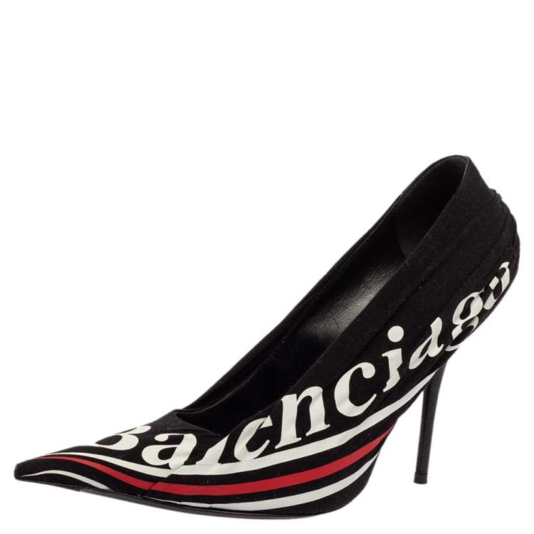 Pre Owned Balenciaga Black Fabric And Leather Knife Logo Pointed Toe Pumps Size 38