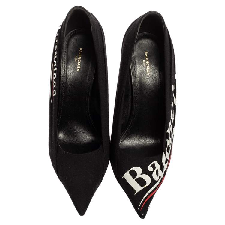 Pre Owned Balenciaga Black Fabric And Leather Knife Logo Pointed Toe Pumps Size 38