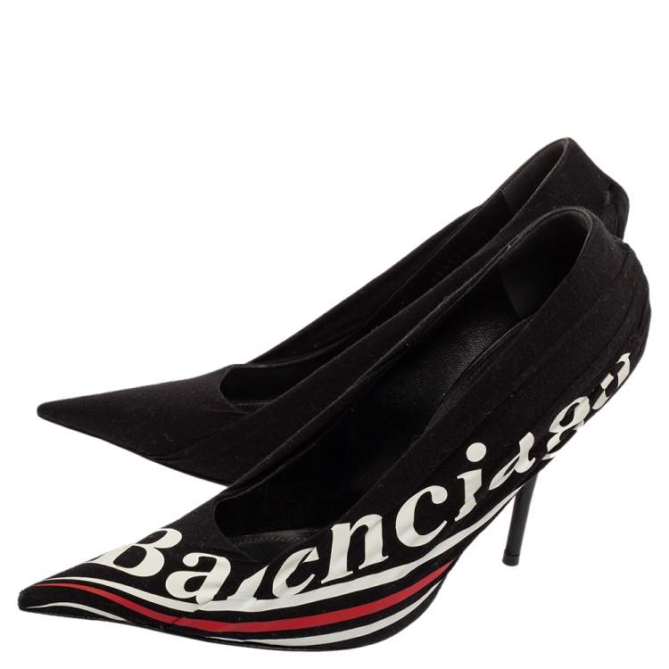 Pre Owned Balenciaga Black Fabric And Leather Knife Logo Pointed Toe Pumps Size 38