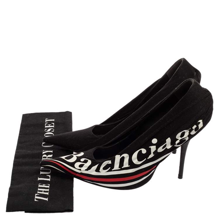Pre Owned Balenciaga Black Fabric And Leather Knife Logo Pointed Toe Pumps Size 38