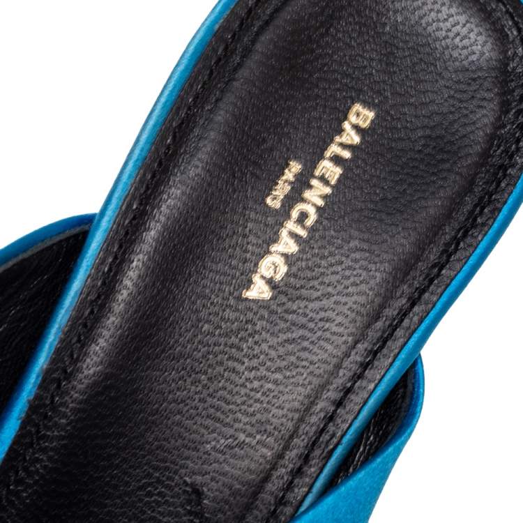 Pre Owned Balenciaga Blue Satin Bow Knife Mules Size 40