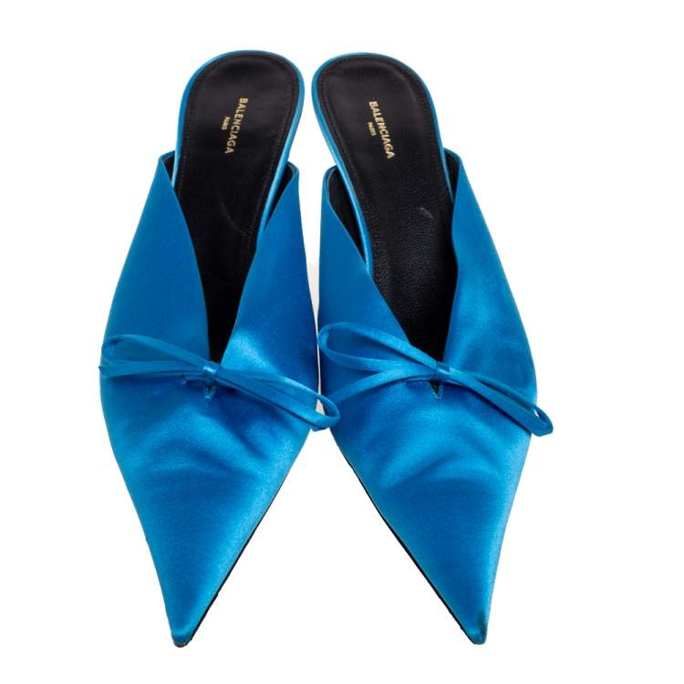 Pre Owned Balenciaga Blue Satin Bow Knife Mules Size 40