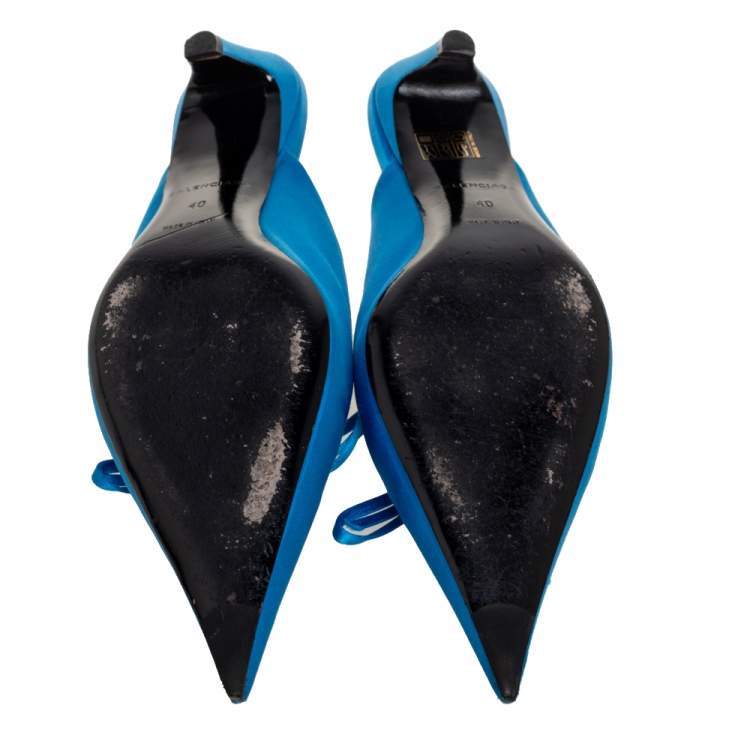 Pre Owned Balenciaga Blue Satin Bow Knife Mules Size 40