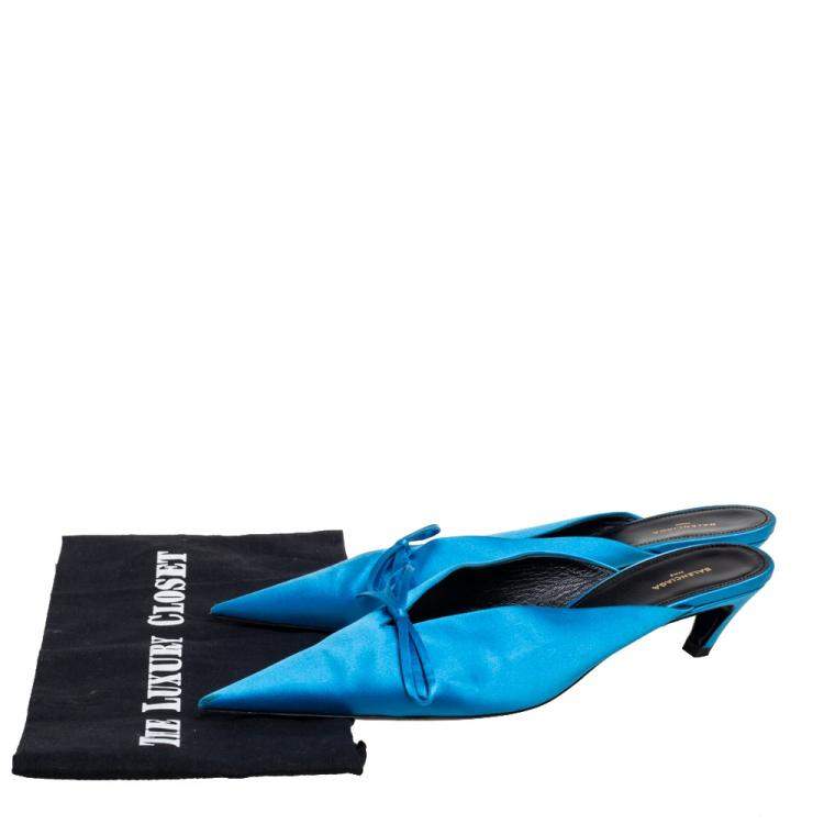 Pre Owned Balenciaga Blue Satin Bow Knife Mules Size 40