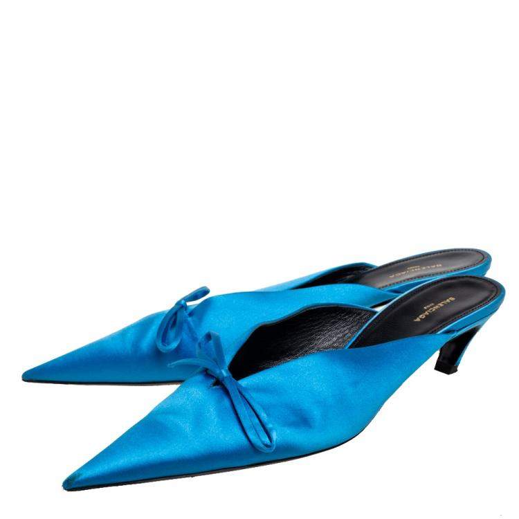 Pre Owned Balenciaga Blue Satin Bow Knife Mules Size 40