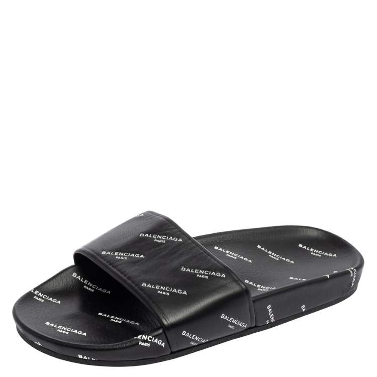 Balenciaga Black All-Over Logo Stamped Leather Flat Slides