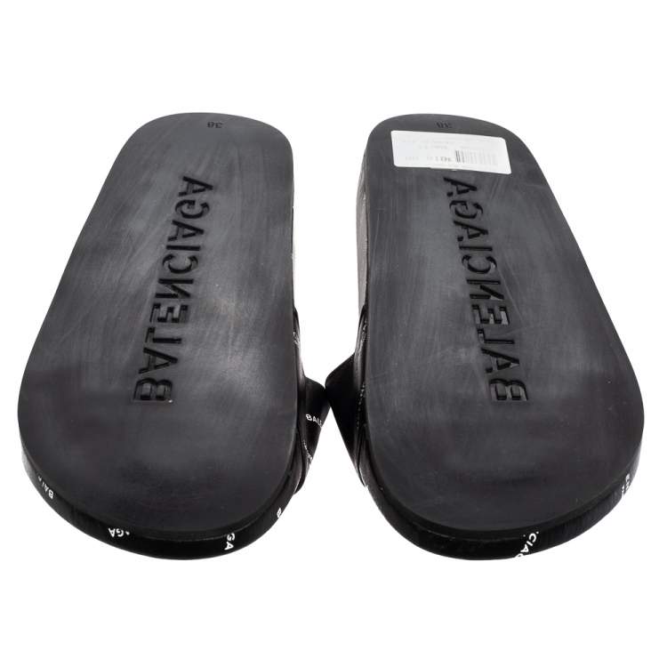 Pre Owned Balenciaga Black All-Over Logo Stamped Leather Flat Slides Size 38