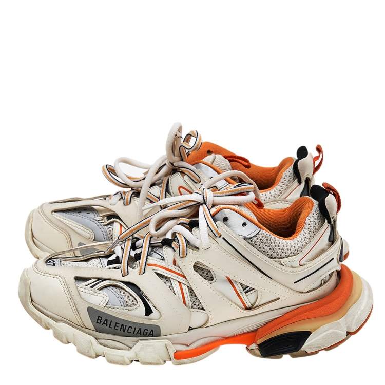 Pre Owned Balenciaga Off White/Orange Mesh And Synthetic Leather Track Sneakers Size 37
