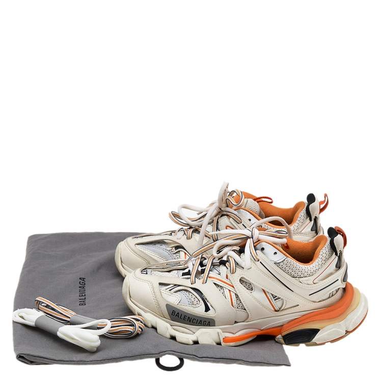 Pre Owned Balenciaga Off White/Orange Mesh And Synthetic Leather Track Sneakers Size 37
